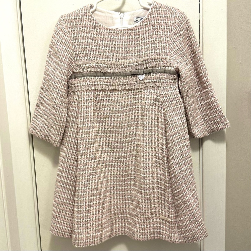 Mayoral Tweed A-line Dress Girls 6 Mauve Pink Ivory Lined 3/4 Sleeve Fit Flare